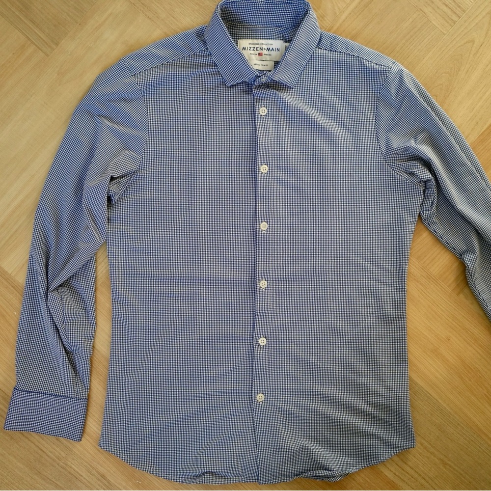 Men's Mizzen+Main Spinnaker Collection Trim Fit Blue Check Dress Shirt - Size M